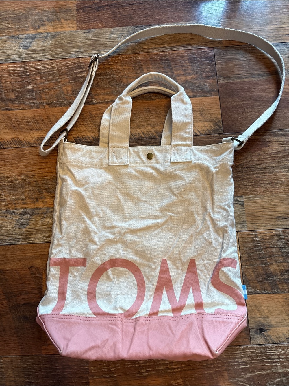 TOMS Cream Canvas Tote with Pink Base and Logo